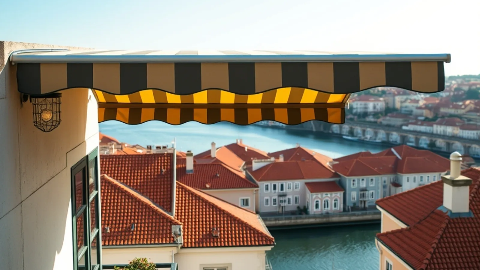 Toldo por medida instalado numa varanda com sol de verão em Portugal