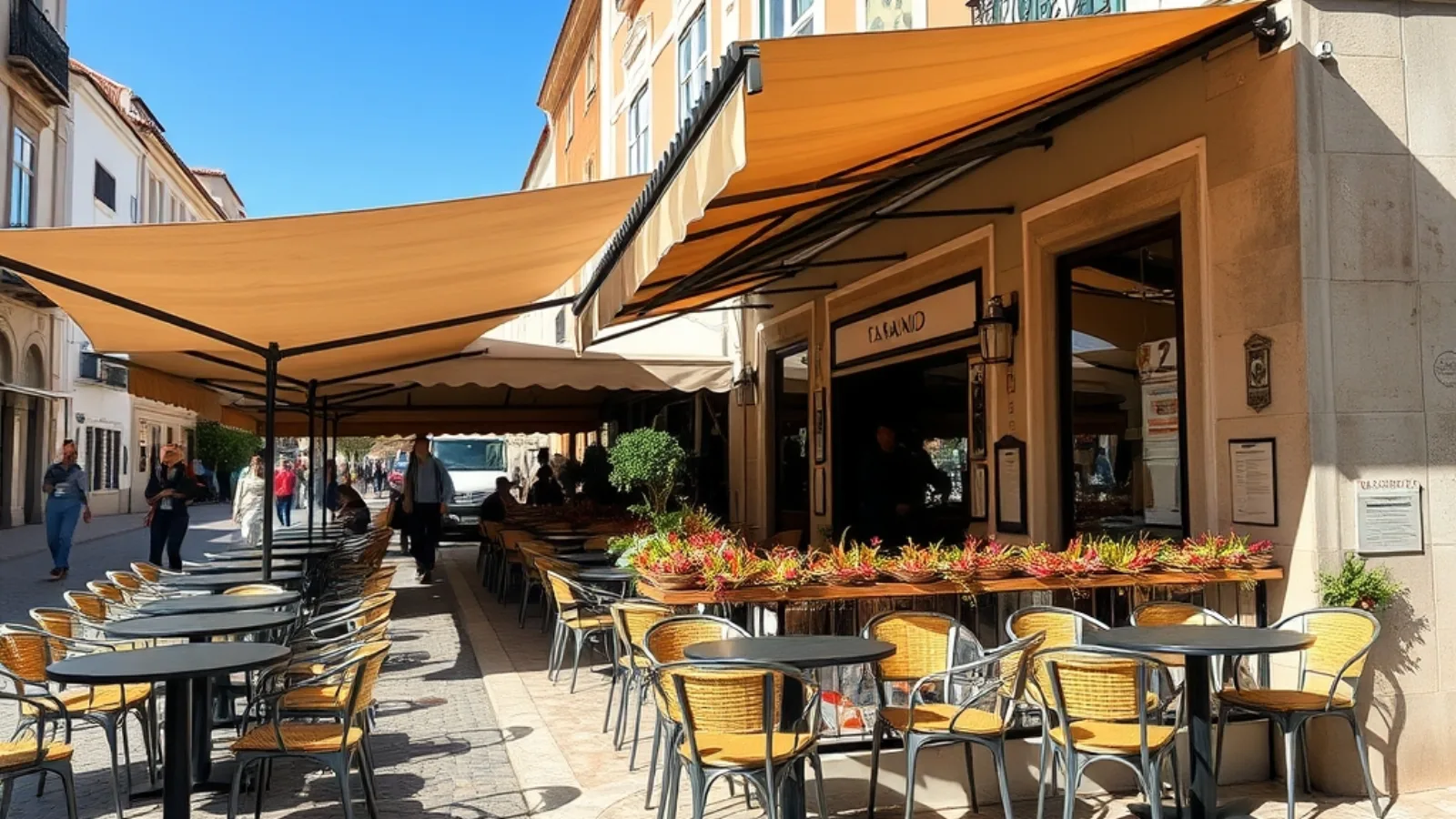 Toldo para esplanada de restaurante a cobrir mesas com clientes na rua